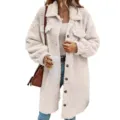 Women casual lapel fleece long coat winter warm teddy outerwear with buttons and pockets. - S / Tops / Milky White