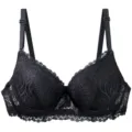 Detailed view of the black lace plus-size French bra, showcasing delicate floral patterns and cups. - 75B / Tops / Black