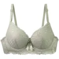 Detailed view of the light green lace padded bra featuring elegant floral patterns and straps. - 75B / Tops / Green