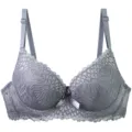 Grey lace bra detail, gathered push-up design, elegant floral lace overlay with shoulder straps. - 75B / Tops / Silver Gray