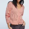 Pink hollow-out knit cardigan sweater for women featuring a stylish V-neck and long sleeves. - S / Tops / Pink