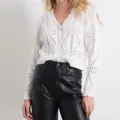 White hollow-out knit cardigan with V-neck and long sleeves, elegant detail view. - S / Tops / White