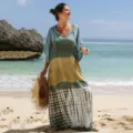 Tie-dye beach cover-up maxi dress details, sexy deep V-neck design for vacation wear. - One Size / Dresses / As Shown