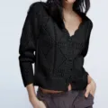 Black hollow-out knitted V-neck cardigan sweater for women, comfortable long sleeve button-up daily casual top. - S / Tops / Black