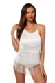 White halter neck fringe tassel romper detail showing multi layers and delicate fabric. - White
