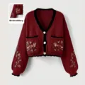 Cardigan en tricot pour femmes à col en V et manches longues avec broderie renard. - S / Bordeaux