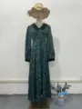 Elegant green leopard print maxi dress with black contrast collar, waist-cinching slim fit design. - S / Dresses / Dark Green