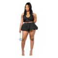 Stylish black two-piece set featuring a sleeveless collared crop top and flared bubble miniskirt. - S / Black