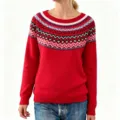 Pull-over rouge à manches longues pour femme avec motif géométrique nordique classique. - S / Hauts / Style 9561
