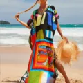 Detailed view of the vibrant geometric print beach kaftan dress for seaside vacation. - One Size / As Shown