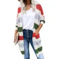 Striped knit cardigan detail view, colorful block pattern open front sweater with pockets. - S / Red