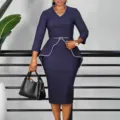 Elegant navy blue professional peplum pencil dress featuring V-neck and long sleeves. - S / Dark Blue with Belt
