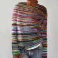Colorful striped knitted sweater detail view, casual long sleeve crewneck top for women. - S / Multi-color