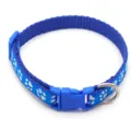 Close-up detail of the blue pet collar featuring white paw print patterns and durable buckle. - Blue