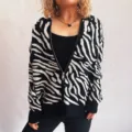 Black and white zebra striped knit cardigan sweater with full zip front for women fashion daily wear. - S / Tops / Black