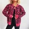 Pink and black zebra striped knitted cardigan women zip up long sleeve sweater coat - Rose Red