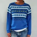 Pull-over bleu à manches longues pour femme avec motif géométrique nordique et col rond. - S / Hauts / Style 9581