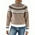 Pull col roulé épais style nordique jacquard slim manches longues pour femme - S / Hauts / Kaki