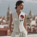 Chaleco blanco sin mangas para mujer con elegante bordado de rosas, cuello alto y cremallera. - S / Blanco