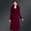Elegant women's mid-length wool cashmere coat with luxurious fur collar for winter style. - M / Burgundy
