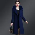 Women's double-faced cashmere wool coat mid-length slim fit lapel with fox fur collar navy blue - M / Navy Blue