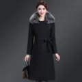 Elegant women slim mid-length double-faced cashmere wool coat with luxury fox fur collar. - M / Black