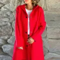 Women plus size red hooded wool coat long sleeve autumn winter fashion outerwear detail. - S / Red
