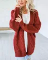 Πλεκτή γυναικεία ζακέτα με πλεξούδες, casual ανοιχτό πουλόβερ, κομψό εξωτερικό ρούχο. - Σκουριά Κόκκινο