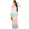 Long sleeve tie dye bodycon long dress for women elegant slim fit casual party maxi dress - Pink White Blue