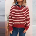 Women striped two-piece fake sweater casual denim lapel knitwear autumn winter top - S / Red