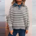 Detailed view of women's autumn striped fake two-piece sweater with denim collar. - S / Gray