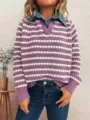 Detail view of purple and white striped knit sweater with denim collar layered style. - Purple