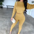 Mustard yellow cable knit two piece set, long sleeve crop top and high waist pants. - S / Yellow