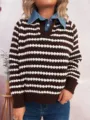 Women autumn winter striped fake two piece sweater denim lapel knit top chic casual pullover - Brown