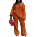 Women solid color V-neck loose knit sweater and wide leg pants two piece set for daily wear. - Tan