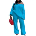 Women casual solid color off shoulder knitted two piece set long sleeve sweater and pants - Light Blue