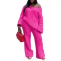 Detailed view of women knit sweater and wide-leg pants set, loose V-neck soft fabric. - S / Top And Bottom / Rose Red