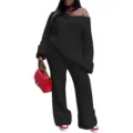 Black off-shoulder knit two piece set detail view, featuring loose top and wide-leg pants. - S / Top And Bottom / Black