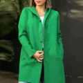 Women green hooded woolen coat casual long sleeve solid color jacket winter outerwear - Green