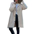 Women fashion casual solid color hooded long sleeve woolen trench coat winter outerwear - Off White