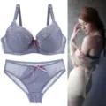 Damen Übergröße Push up BH und Slip Set graue Punkte Spitze Reizwäsche bequeme Unterwäsche - Grau Violett