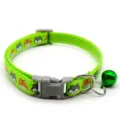 Detailed view of green pet collar with cute cartoon animal prints, plastic buckle, and bell. - Fluorescent Green
