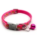 Pink cat and dog patterned pet collar with bell and buckle, detailed close-up view. - Rose Red