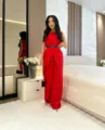 Elegant red two-piece women outfit with sleeveless top and high waist wide leg trousers. - XS / Top And Bottom / Red