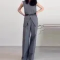 Elegant grey sleeveless top paired with a high waist wide leg pants two piece set. - Gray
