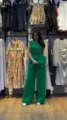 Solid round neck sleeveless top high waist wide leg pants two piece set for women detail - Green