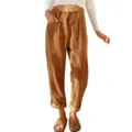 Gedetailleerd overzicht van vintage bruine ribfluwelen harembroek voor dames met zakken. - S / Geel