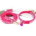 Pink pet leash and collar set with cute cartoon cat print, bell, and metal clasp for walking. - Rose Red