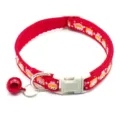 Detail shot of red pet collar with cute cartoon pattern, white buckle and red bell for small cats dogs. - Width 1.0cm, Adjustable Range 21-34cm / Red