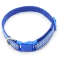 Blue plaid pet collar strap with plastic safety buckle and metal D-ring detail view - Blue